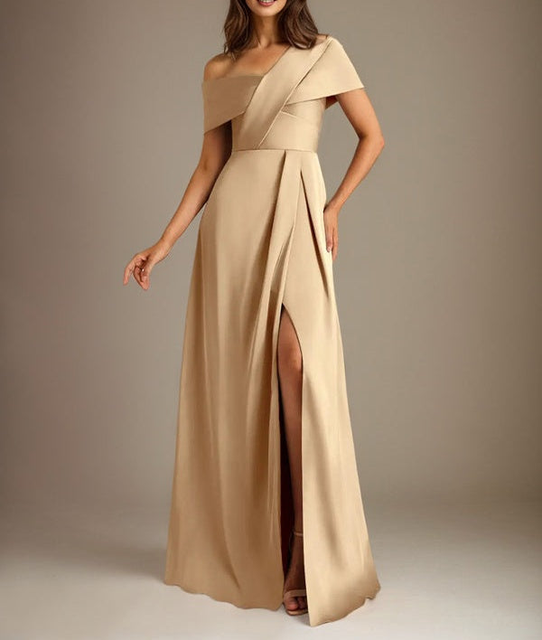 A-Line Asymmetrical Neckline Floor-Length Satin Mother of the Bride Dress With Pleated