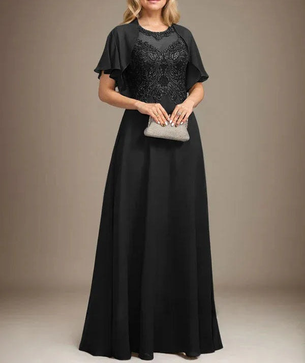 A-line Scoop Illusion Floor-Length Lace Chiffon Mother of the Bride Dress With Sequins