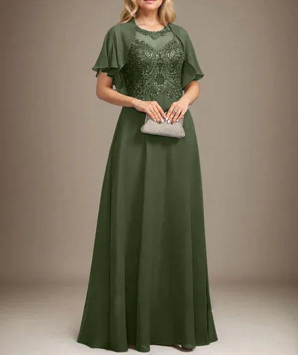 A-line Scoop Illusion Floor-Length Lace Chiffon Mother of the Bride Dress With Sequins