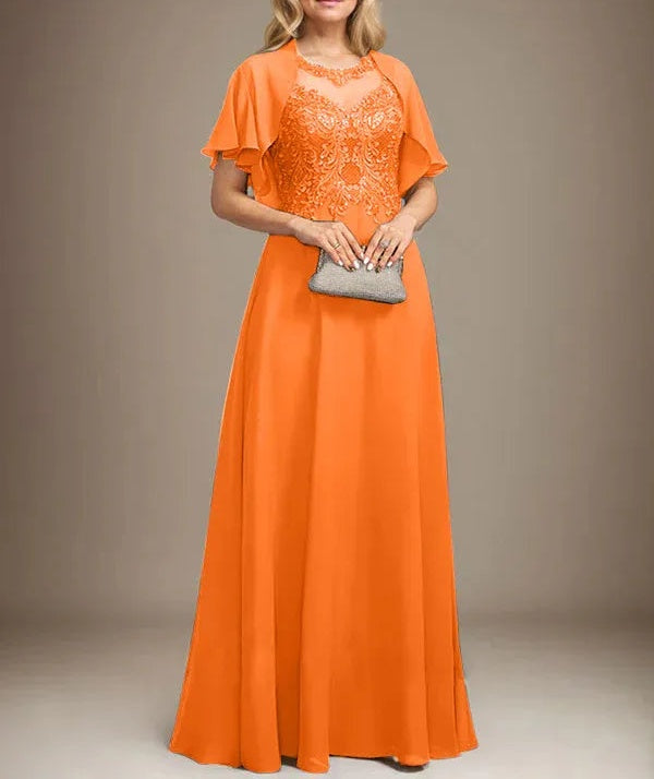 A-line Scoop Illusion Floor-Length Lace Chiffon Mother of the Bride Dress With Sequins