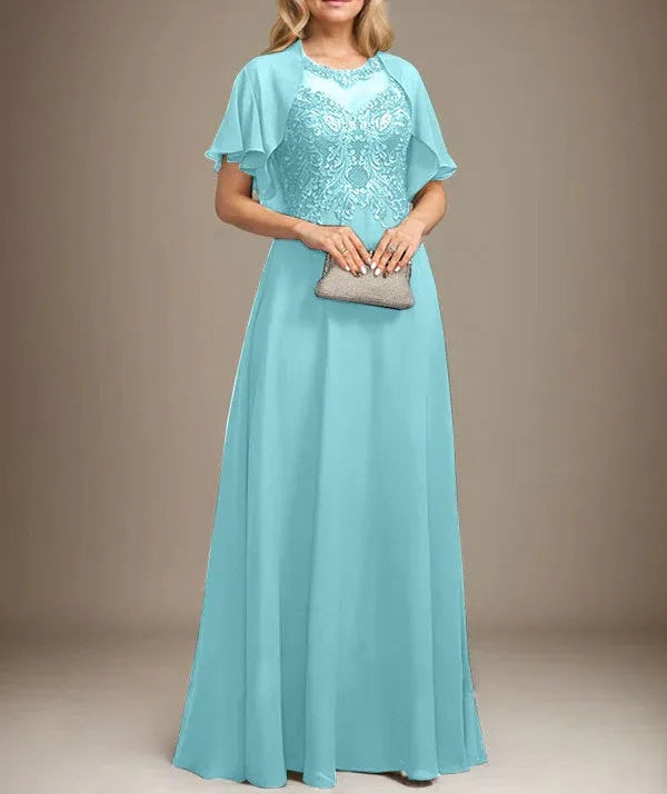 A-line Scoop Illusion Floor-Length Lace Chiffon Mother of the Bride Dress With Sequins