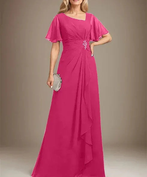 A-line Asymmetrical Floor-Length Chiffon Mother of the Bride Dress With Pleated Beading Sequins
