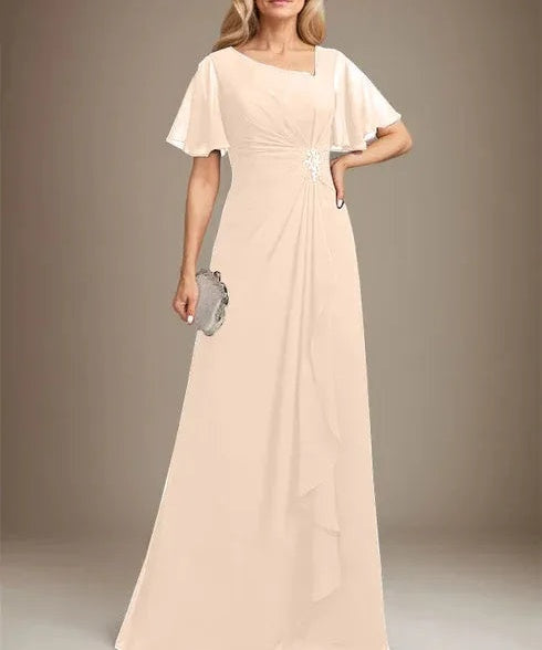 A-line Asymmetrical Floor-Length Chiffon Mother of the Bride Dress With Pleated Beading Sequins