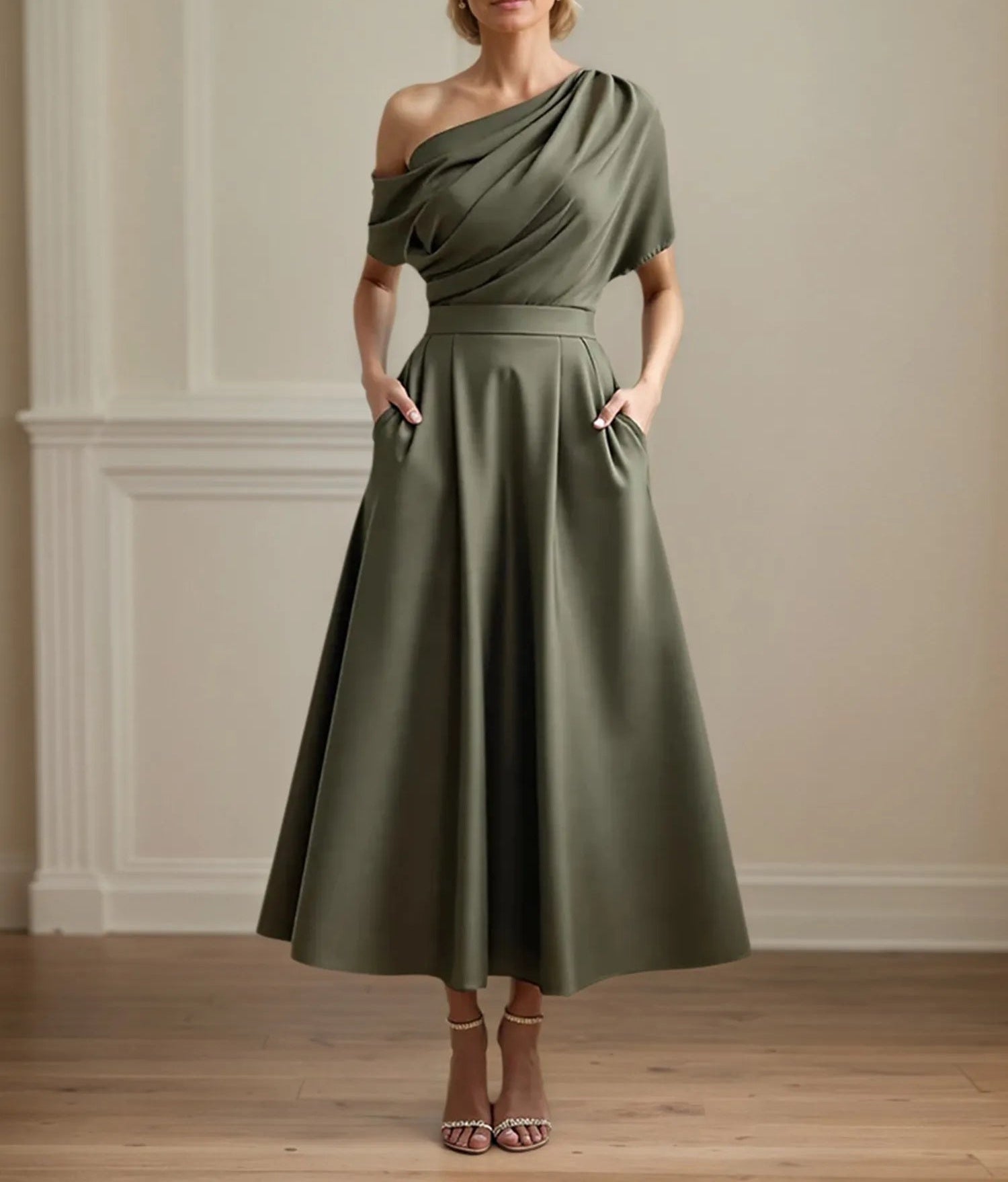 A Line Satin One Shoulder Pleated Ankle Length Mother of the Bride Dress