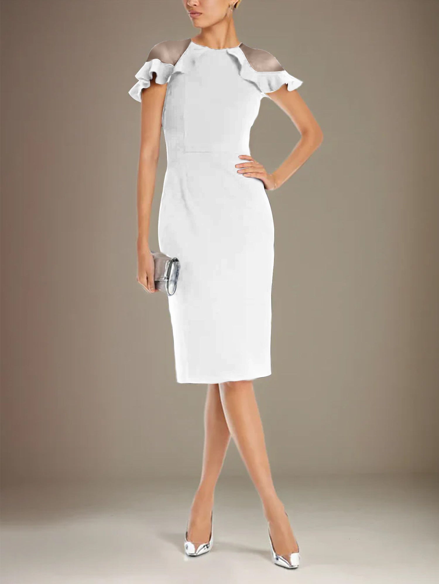 Sheath/Column Stretch Crepe Scoop Short Sleeves Knee Length Dress