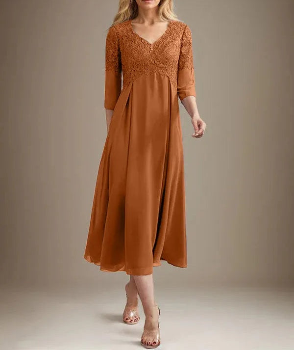 A-line V-Neck Tea-Length Chiffon Lace Mother of the Bride Dress With Beading