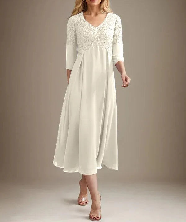 A-line V-Neck Tea-Length Chiffon Lace Mother of the Bride Dress With Beading