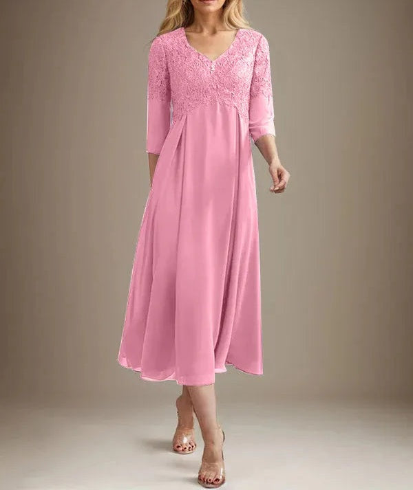 A-line V-Neck Tea-Length Chiffon Lace Mother of the Bride Dress With Beading