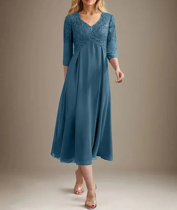 A-line V-Neck Tea-Length Chiffon Lace Mother of the Bride Dress With Beading