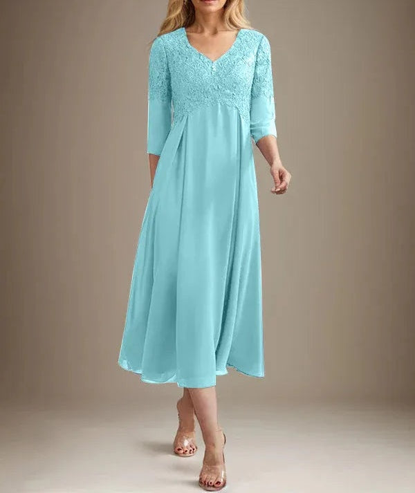 A-line V-Neck Tea-Length Chiffon Lace Mother of the Bride Dress With Beading