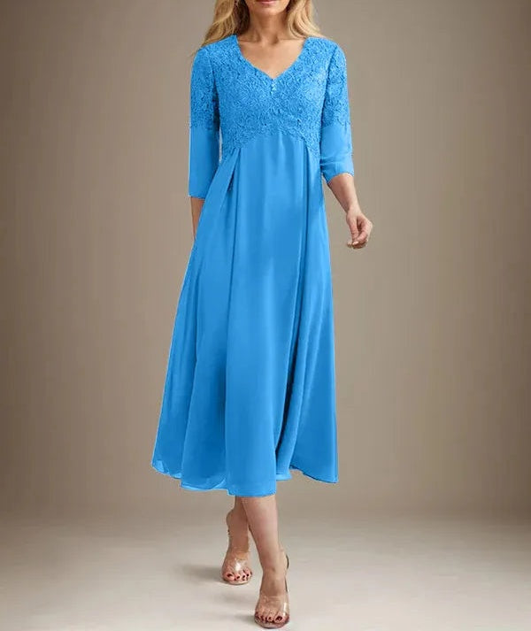 A-line V-Neck Tea-Length Chiffon Lace Mother of the Bride Dress With Beading