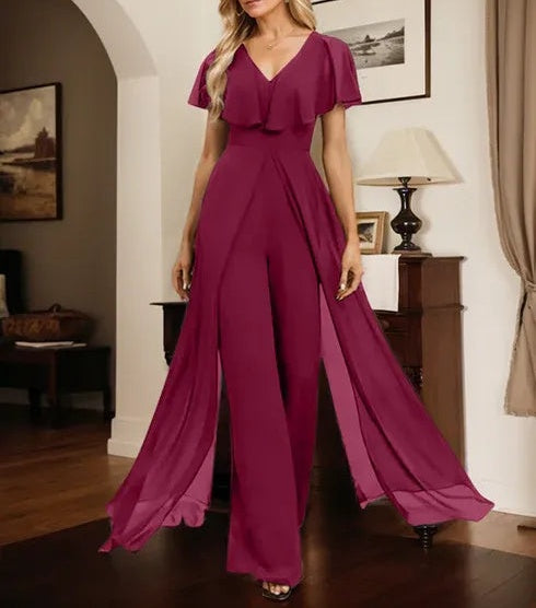Jumpsuit/Pantsuit V-Neck Floor-Length Chiffon Evening Dress