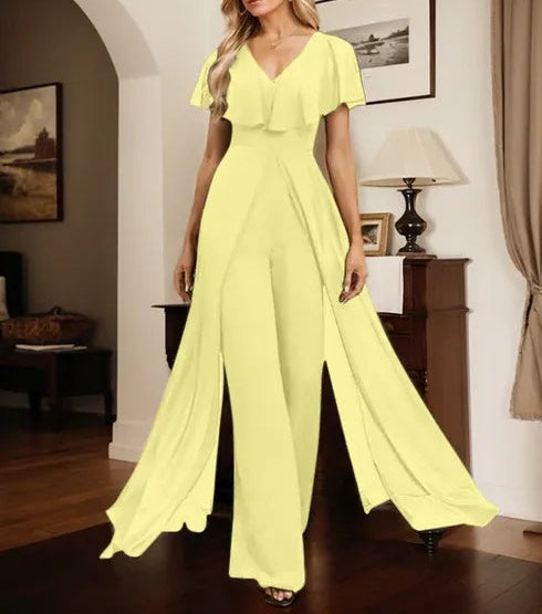 Jumpsuit/Pantsuit V-Neck Floor-Length Chiffon Evening Dress