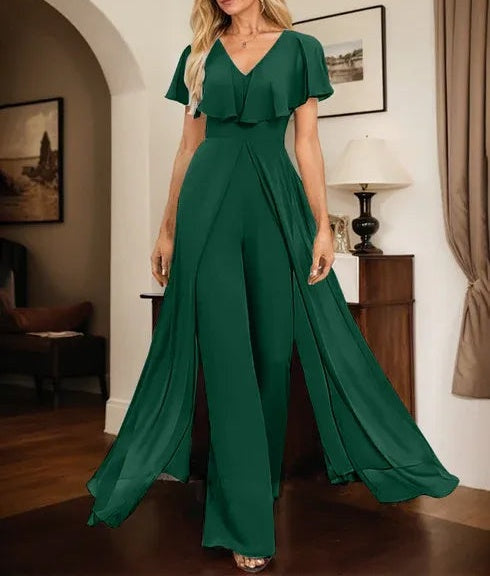 Jumpsuit/Pantsuit V-Neck Floor-Length Chiffon Evening Dress