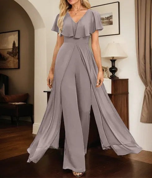 Jumpsuit/Pantsuit V-Neck Floor-Length Chiffon Evening Dress