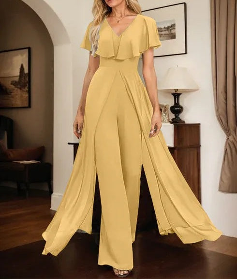 Jumpsuit/Pantsuit V-Neck Floor-Length Chiffon Evening Dress