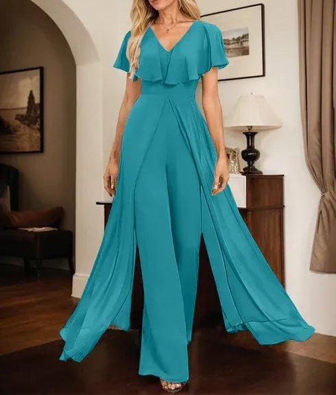 Jumpsuit/Pantsuit V-Neck Floor-Length Chiffon Evening Dress
