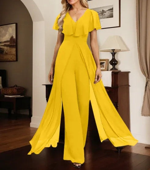 Jumpsuit/Pantsuit V-Neck Floor-Length Chiffon Evening Dress