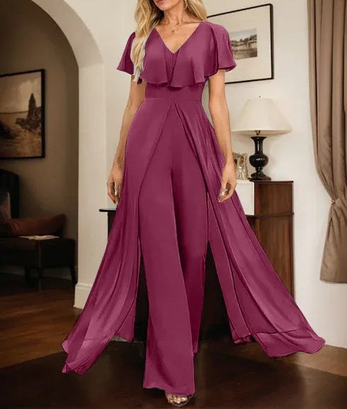 Jumpsuit/Pantsuit V-Neck Floor-Length Chiffon Evening Dress