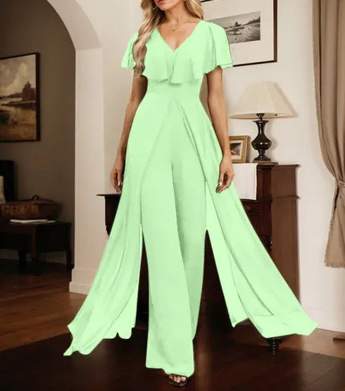Jumpsuit/Pantsuit V-Neck Floor-Length Chiffon Evening Dress