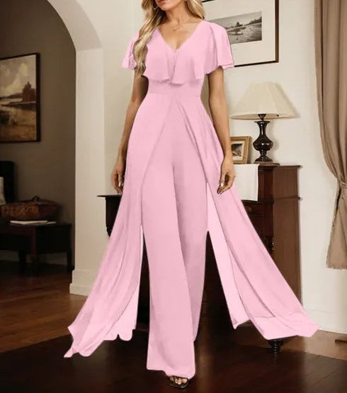 Jumpsuit/Pantsuit V-Neck Floor-Length Chiffon Evening Dress