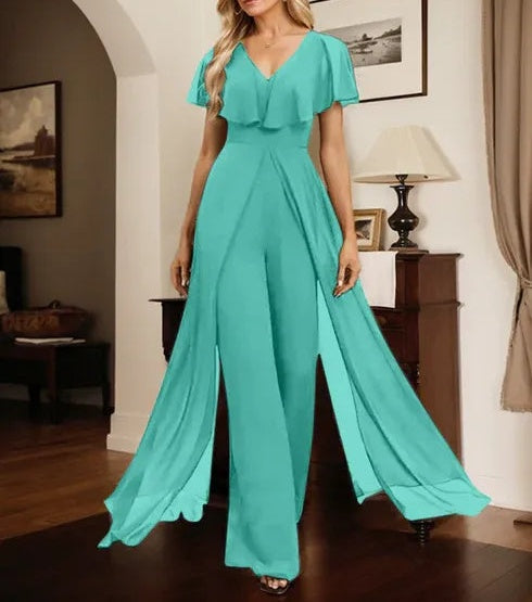 Jumpsuit/Pantsuit V-Neck Floor-Length Chiffon Evening Dress