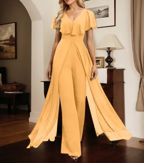 Jumpsuit/Pantsuit V-Neck Floor-Length Chiffon Evening Dress