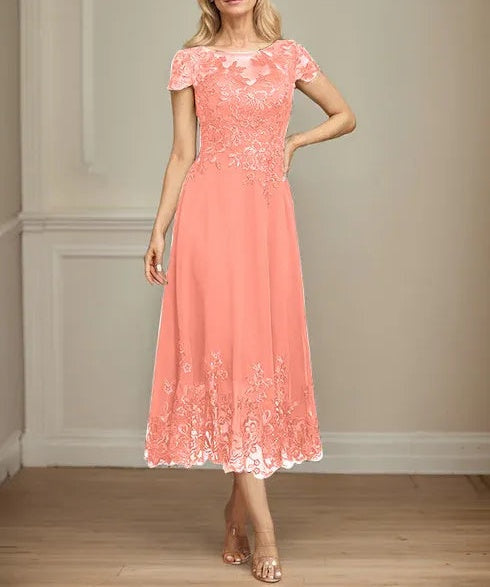 A-line Illusion Scoop Tea-Length Lace Chiffon Mother of the Bride Dress With Sequins
