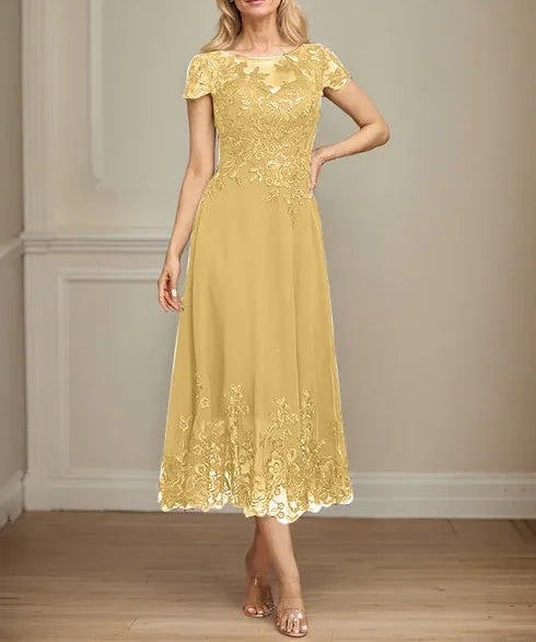A-line Illusion Scoop Tea-Length Lace Chiffon Mother of the Bride Dress With Sequins