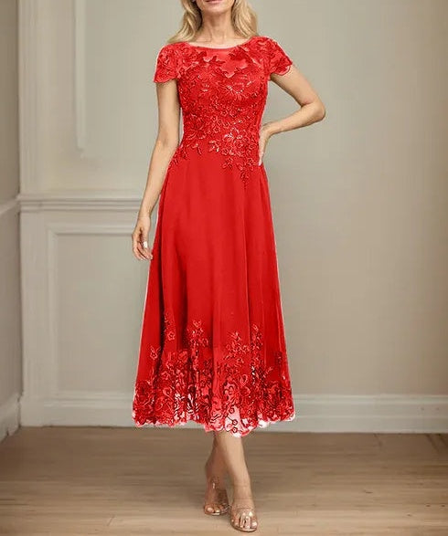 A-line Illusion Scoop Tea-Length Lace Chiffon Mother of the Bride Dress With Sequins