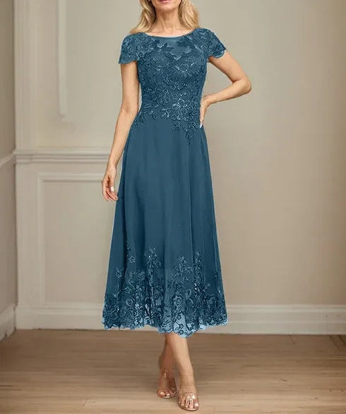 A-line Illusion Scoop Tea-Length Lace Chiffon Mother of the Bride Dress With Sequins