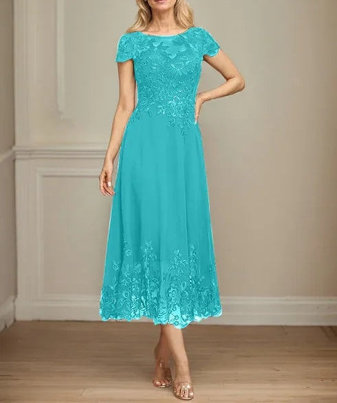 A-line Illusion Scoop Tea-Length Lace Chiffon Mother of the Bride Dress With Sequins