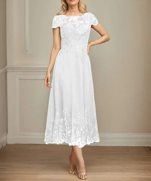 A-line Illusion Scoop Tea-Length Lace Chiffon Mother of the Bride Dress With Sequins