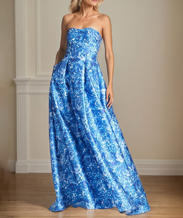 A-Line Off the Shoulder Sea Blue Satin Floral Mother of the Bride Dress
