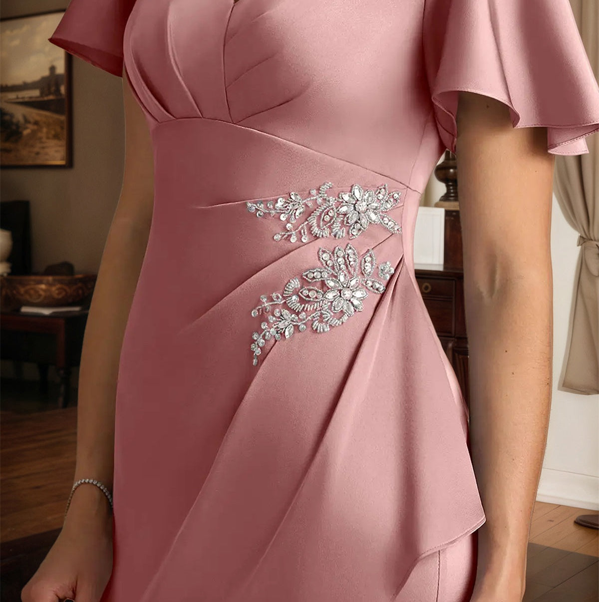 Sheath/Column Satin V Neck Short Sleeves Floor Length Dress