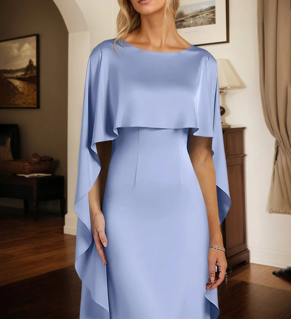 Sheath/Column Stretch Crepe Boat Neck Cape Sleeves Floor Length Dress