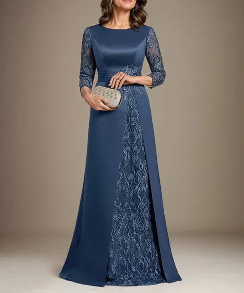 A-Line Scoop Floor-Length Lace Satin Mother Of the Bride Dress With Applique