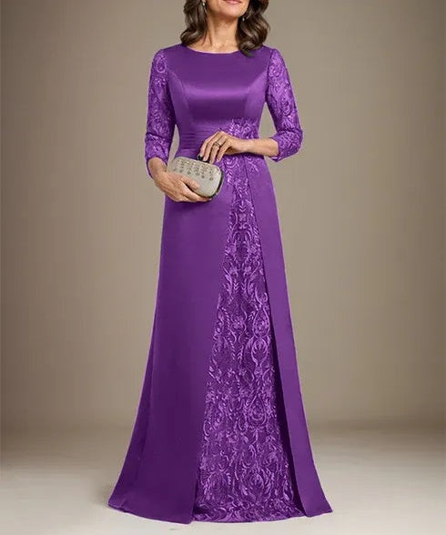 A-Line Scoop Floor-Length Lace Satin Mother Of the Bride Dress With Applique