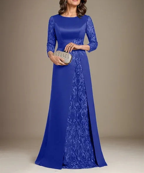 A-Line Scoop Floor-Length Lace Satin Mother Of the Bride Dress With Applique