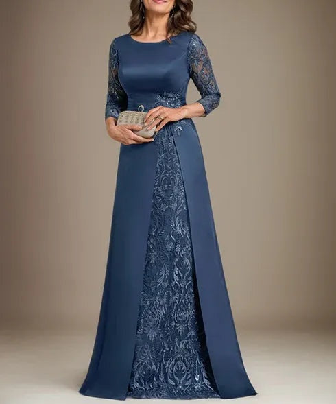 A-Line Scoop Floor-Length Lace Satin Mother Of the Bride Dress With Applique