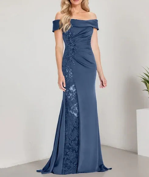 A-Line Off the Shoulder Floor-Length Mother of the Bride Dress Applique Beadings Mermaid Dress With  High Split