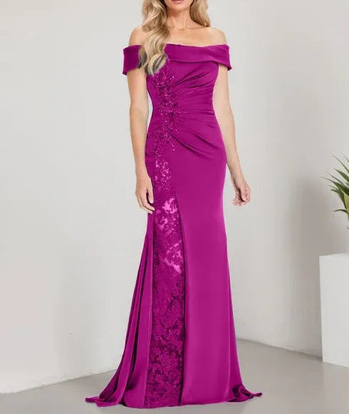 A-Line Off the Shoulder Floor-Length Mother of the Bride Dress Applique Beadings Mermaid Dress With  High Split