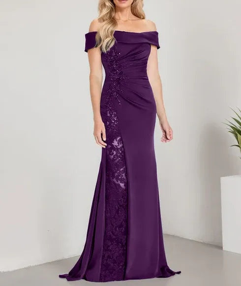 A-Line Off the Shoulder Floor-Length Mother of the Bride Dress Applique Beadings Mermaid Dress With  High Split