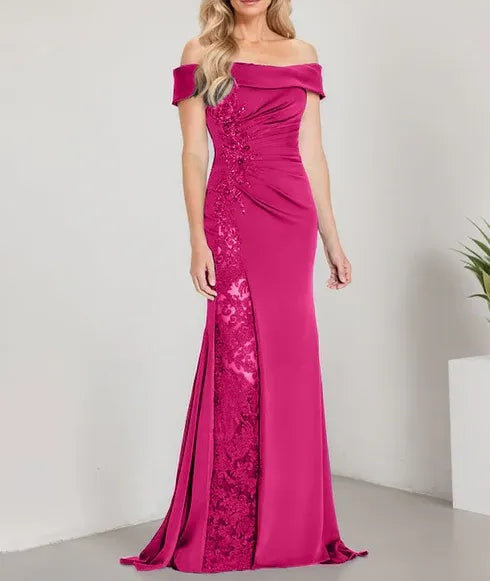 A-Line Off the Shoulder Floor-Length Mother of the Bride Dress Applique Beadings Mermaid Dress With  High Split