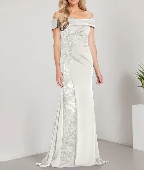 A-Line Off the Shoulder Floor-Length Mother of the Bride Dress Applique Beadings Mermaid Dress With  High Split