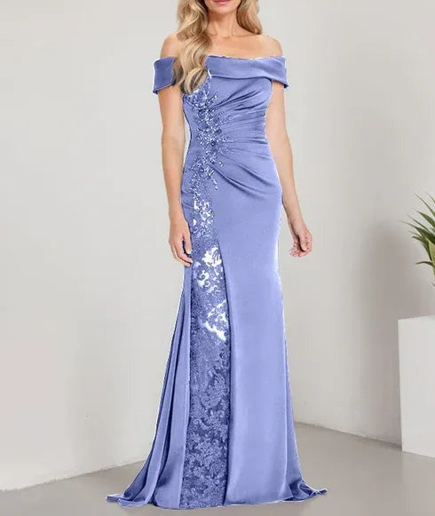 A-Line Off the Shoulder Floor-Length Mother of the Bride Dress Applique Beadings Mermaid Dress With  High Split