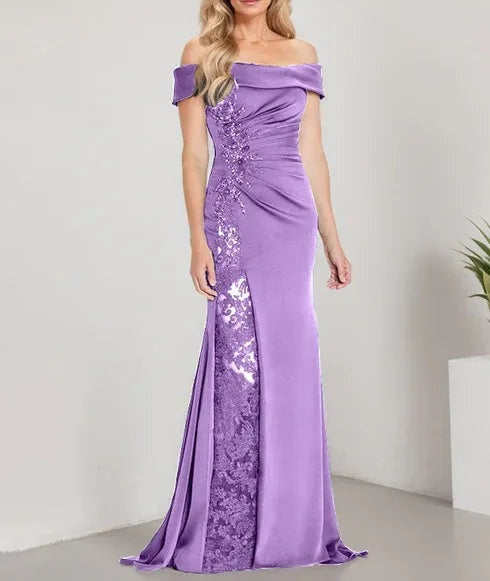 A-Line Off the Shoulder Floor-Length Mother of the Bride Dress Applique Beadings Mermaid Dress With  High Split