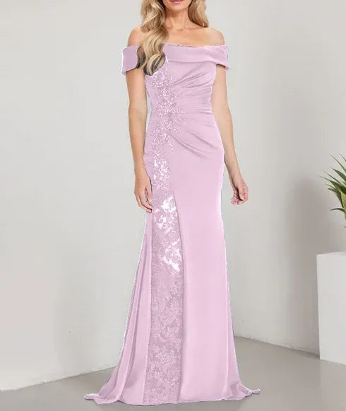 A-Line Off the Shoulder Floor-Length Mother of the Bride Dress Applique Beadings Mermaid Dress With  High Split