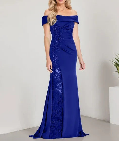 A-Line Off the Shoulder Floor-Length Mother of the Bride Dress Applique Beadings Mermaid Dress With  High Split