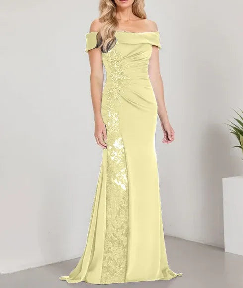 A-Line Off the Shoulder Floor-Length Mother of the Bride Dress Applique Beadings Mermaid Dress With  High Split